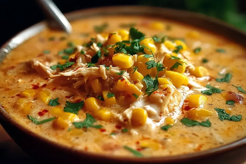 A creamy bowl of Mexican Street Corn White Chicken Chili topped with sweet corn, shredded chicken, cilantro, and chili flakes.
