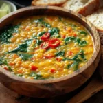 Thai Coconut Red Lentil Soup in a wooden bowl with spinach, chili slices, and lime wedges beside crusty bread.