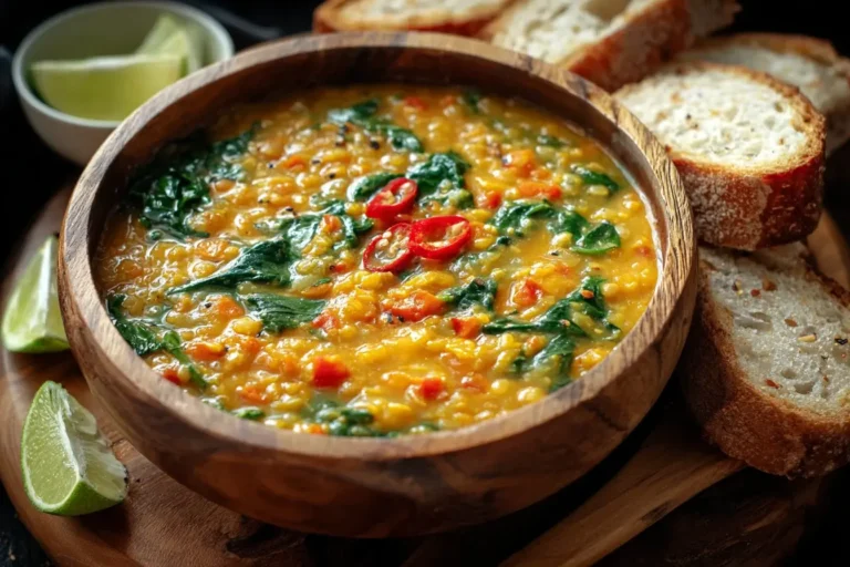 Thai Coconut Red Lentil Soup in a wooden bowl with spinach, chili slices, and lime wedges beside crusty bread.
