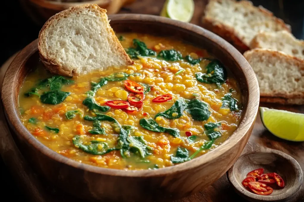 Thai Coconut Red Lentil Soup served in a wooden bowl with fresh spinach, sliced red chilies, and crusty bread for dipping.