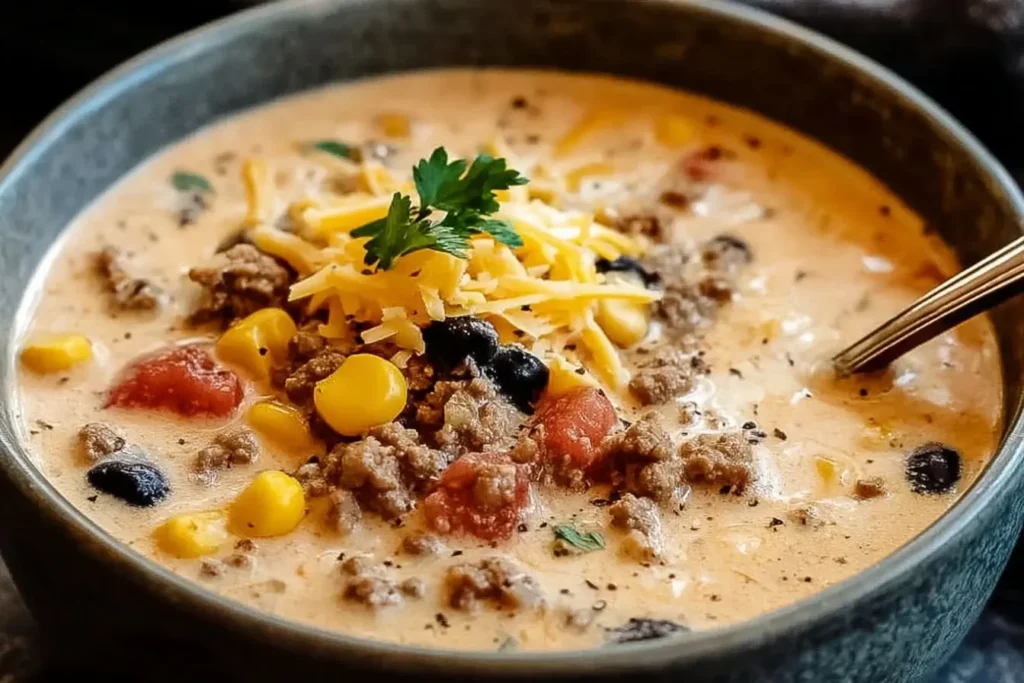 Creamy Cowboy Soup filled with ground beef, corn, black beans, tomatoes, and topped with shredded cheese and herbs.