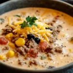 Creamy Cowboy Soup filled with ground beef, corn, black beans, tomatoes, and topped with shredded cheese and herbs.