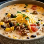 Creamy Cowboy Soup in a bowl topped with cheddar, ground beef, corn, black beans, and fresh herbs.