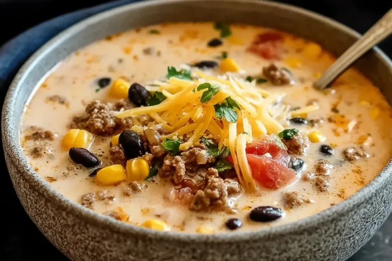 Creamy Cowboy Soup in a bowl topped with cheddar, ground beef, corn, black beans, and fresh herbs.