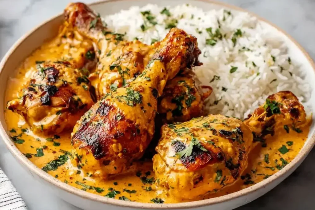 Creamy Paprika Chicken Drumsticks with Steamed Rice served in a bowl with rich paprika sauce and fresh herbs.