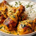 Creamy Paprika Chicken Drumsticks with Steamed Rice served in a bowl with rich paprika sauce and fresh herbs.
