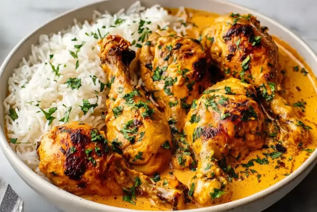 Creamy Paprika Chicken Drumsticks with Steamed Rice served in a bowl with rich creamy paprika sauce and fresh herbs.