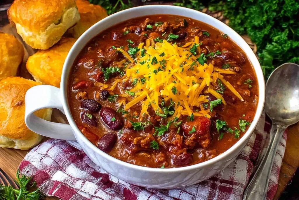 Award winning chili recipe served in a white bowl topped with cheddar cheese and herbs next to buttery biscuits.