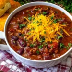 Award winning chili recipe served in a white bowl topped with cheddar cheese and herbs next to buttery biscuits.