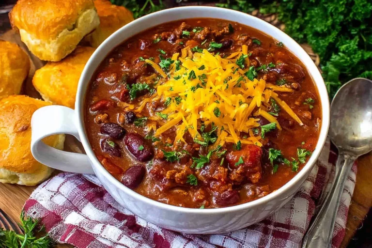 Award winning chili recipe served in a white bowl topped with cheddar cheese and herbs next to buttery biscuits.