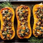 Sausage Stuffed Butternut Squash filled with savory sausage, herbs, and roasted vegetables on a baking sheet.