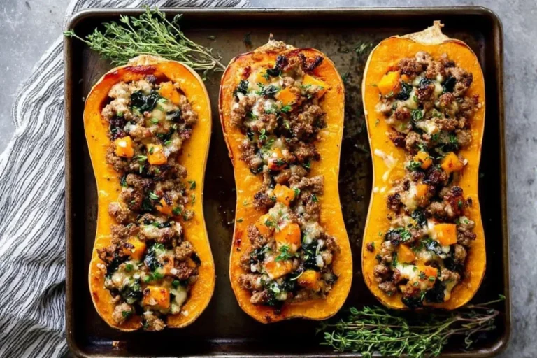 Sausage Stuffed Butternut Squash filled with savory sausage, herbs, and roasted vegetables on a baking sheet.