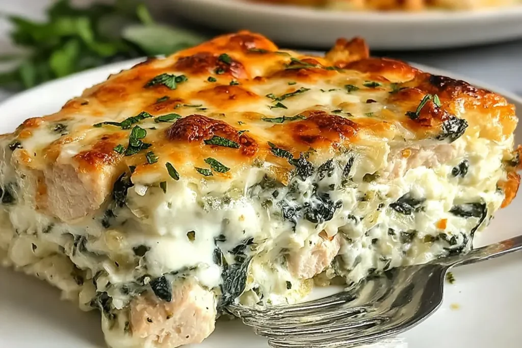 Close-up slice of Chicken and Spinach Casserole with Cream Cheese—golden, bubbly mozzarella on top, tender chicken and wilted spinach in a creamy sauce, served on a white plate with a fork.