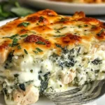 Close-up slice of Chicken and Spinach Casserole with Cream Cheese—golden, bubbly mozzarella on top, tender chicken and wilted spinach in a creamy sauce, served on a white plate with a fork.