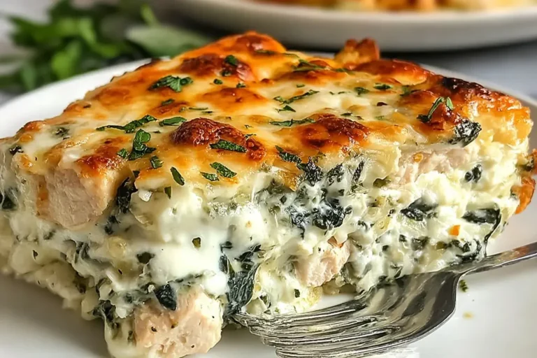 Close-up slice of Chicken and Spinach Casserole with Cream Cheese—golden, bubbly mozzarella on top, tender chicken and wilted spinach in a creamy sauce, served on a white plate with a fork.