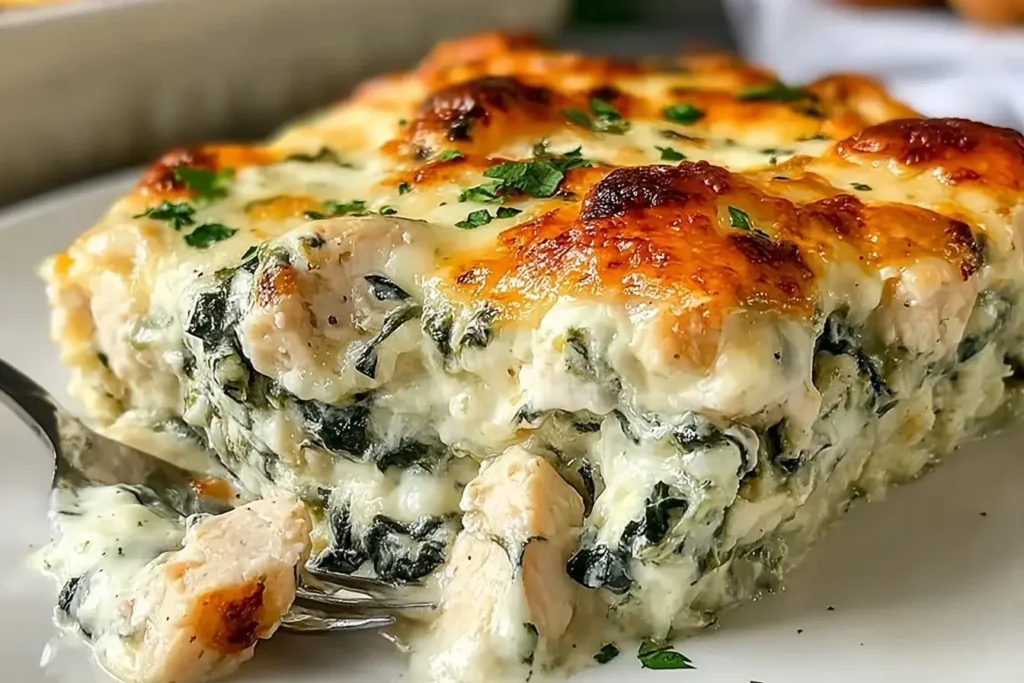 Close-up slice of Chicken and Spinach Casserole with Cream Cheese showing tender chicken pieces, creamy spinach layers, and golden, bubbly melted cheese on top.