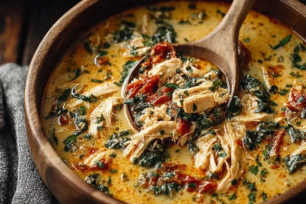 Close-up of creamy Best Marry Me Chicken Soup with shredded chicken, sun-dried tomatoes, and spinach scooped in a wooden ladle.