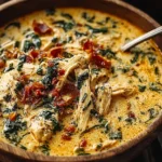 Creamy Best Marry Me Chicken Soup in a rustic bowl with shredded chicken, spinach, and crispy bacon pieces.