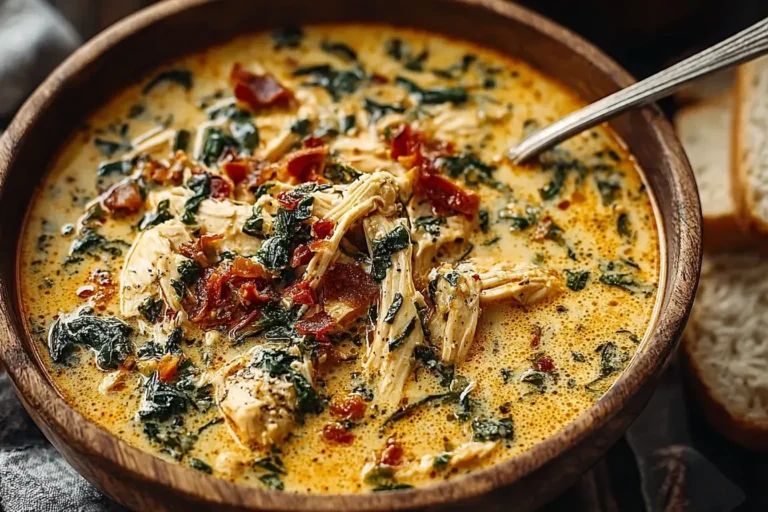 Creamy Best Marry Me Chicken Soup in a rustic bowl with shredded chicken, spinach, and crispy bacon pieces.