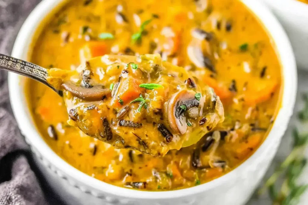 Spoonful of creamy Vegan Pumpkin Wild Rice Soup with mushrooms, carrots, and herbs.