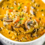 Spoonful of creamy Vegan Pumpkin Wild Rice Soup with mushrooms, carrots, and herbs.