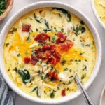 Creamy Crack Chicken Soup topped with bacon, cheddar, and fresh herbs in a cozy white bowl.