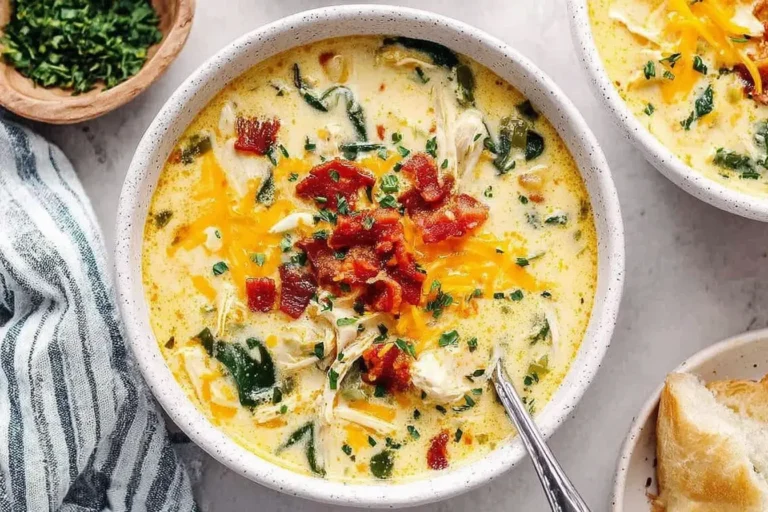 Creamy Crack Chicken Soup topped with bacon, cheddar, and fresh herbs in a cozy white bowl.