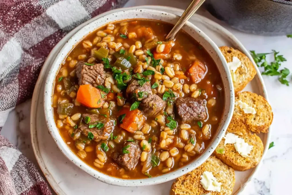 Hearty Beef Barley Soup in a bowl with tender beef, carrots, celery, and barley, served with toasted bread.