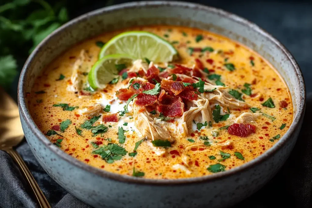 Creamy Chicken Enchilada Soup topped with shredded chicken, crispy bacon, fresh cilantro, and lime slices in a rustic bowl.