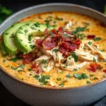 Creamy Chicken Enchilada Soup topped with shredded chicken, crispy bacon, avocado slices, and fresh herbs in a ceramic bowl.