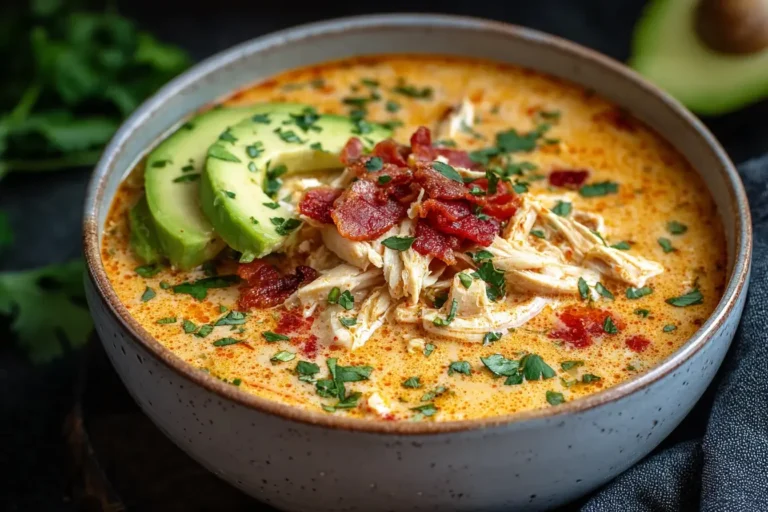 Creamy Chicken Enchilada Soup topped with shredded chicken, crispy bacon, avocado slices, and fresh herbs in a ceramic bowl.