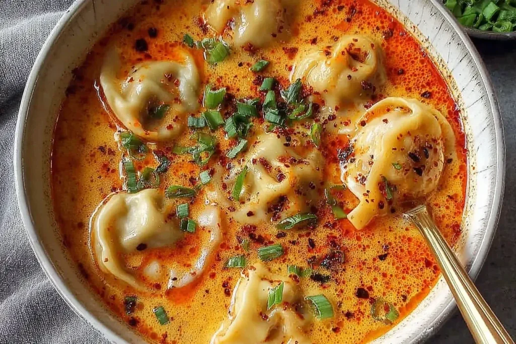 Coconut Curry Soup with Dumplings topped with scallions and chili flakes in a creamy, spicy coconut broth.