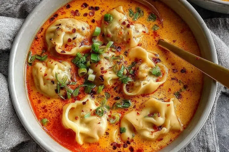 Coconut Curry Soup with Dumplings in a bowl topped with scallions, chili oil, and red pepper flakes.