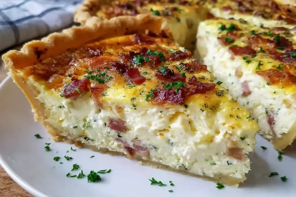 Close-up of The Best Quiche slice with golden crust, creamy egg custard, melted cheese, and crispy bacon, garnished with fresh parsley.