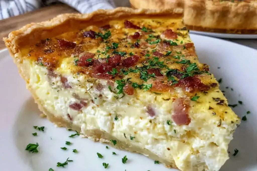 Slice of The Best Quiche with crispy bacon and creamy custard filling on a white plate, showcasing golden crust and fresh herbs.