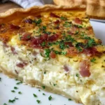 Slice of The Best Quiche with crispy bacon and creamy custard filling on a white plate, showcasing golden crust and fresh herbs.