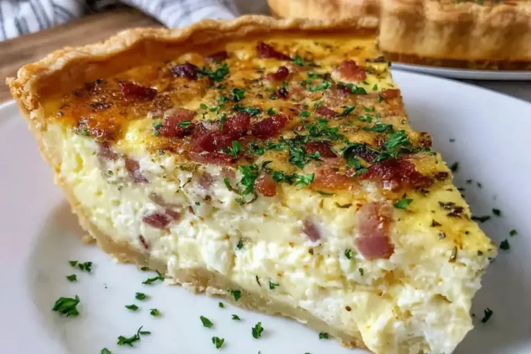 Slice of The Best Quiche with crispy bacon and creamy custard filling on a white plate, showcasing golden crust and fresh herbs.