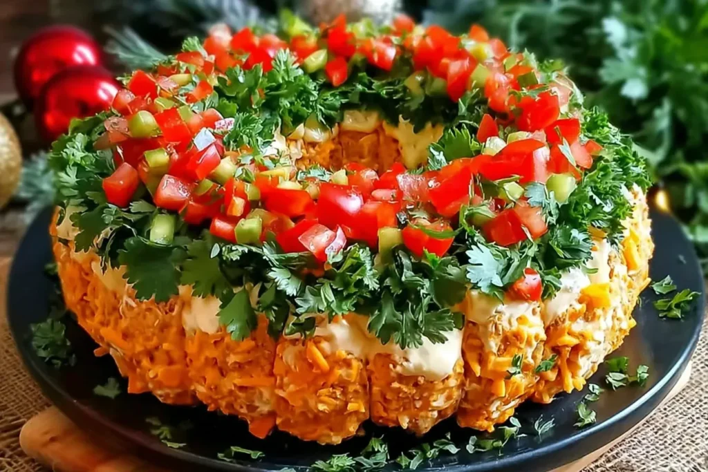 Close-up image of a festive Christmas Taco Cheese Ball Wreath topped with cilantro, diced tomatoes, and peppers on a dark serving platter.