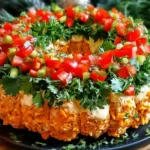 Close-up image of a festive Christmas Taco Cheese Ball Wreath topped with cilantro, diced tomatoes, and peppers on a dark serving platter.