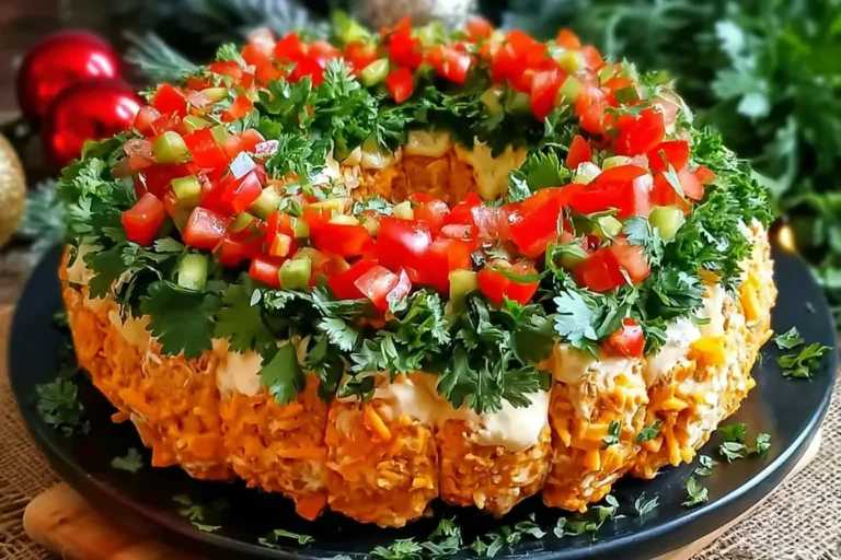 Close-up image of a festive Christmas Taco Cheese Ball Wreath topped with cilantro, diced tomatoes, and peppers on a dark serving platter.