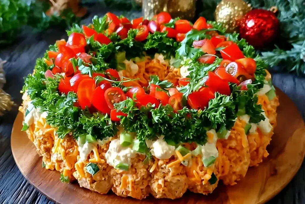 Close-up of a festive Christmas Taco Cheese Ball Wreath topped with fresh parsley, cherry tomatoes, and diced peppers on a wooden serving board.