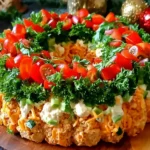 Close-up of a festive Christmas Taco Cheese Ball Wreath topped with fresh parsley, cherry tomatoes, and diced peppers on a wooden serving board.