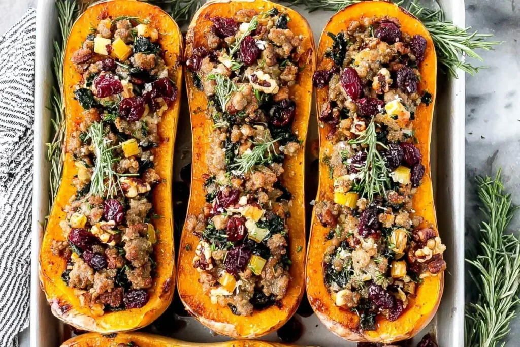 Apple Sausage Stuffed Butternut Squash baked with savory sausage, kale, apples, pecans, and cranberries, topped with fresh rosemary