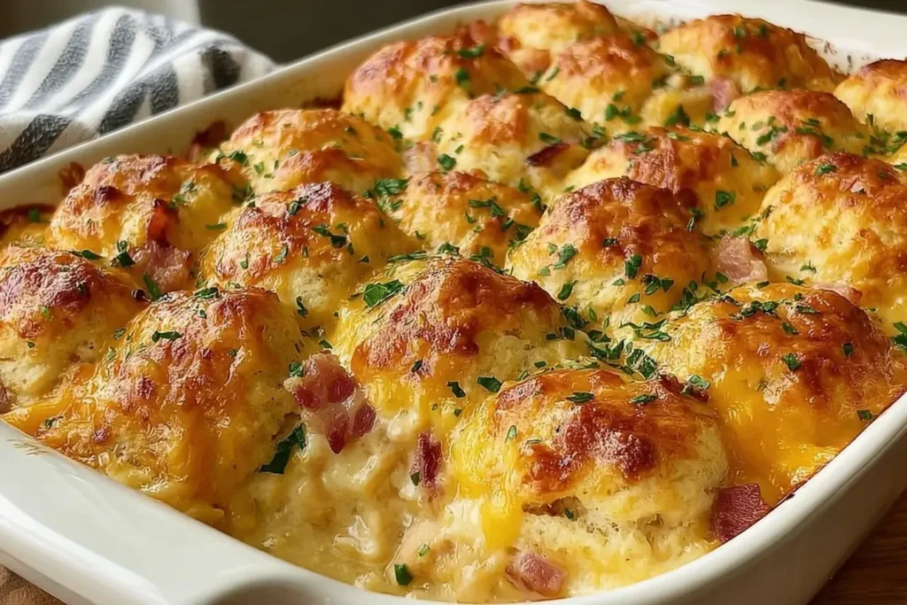 Golden, cheesy Chicken Bubble Biscuit Bake Casserole topped with fluffy biscuits and fresh herbs in a white baking dish.