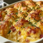 Golden, cheesy Chicken Bubble Biscuit Bake Casserole topped with fluffy biscuits and fresh herbs in a white baking dish.