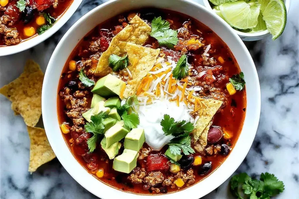 Bowl of hearty Taco Soup topped with avocado, tortilla chips, shredded cheese, sour cream, and cilantro.