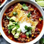 Bowl of hearty Taco Soup topped with avocado, tortilla chips, shredded cheese, sour cream, and cilantro.