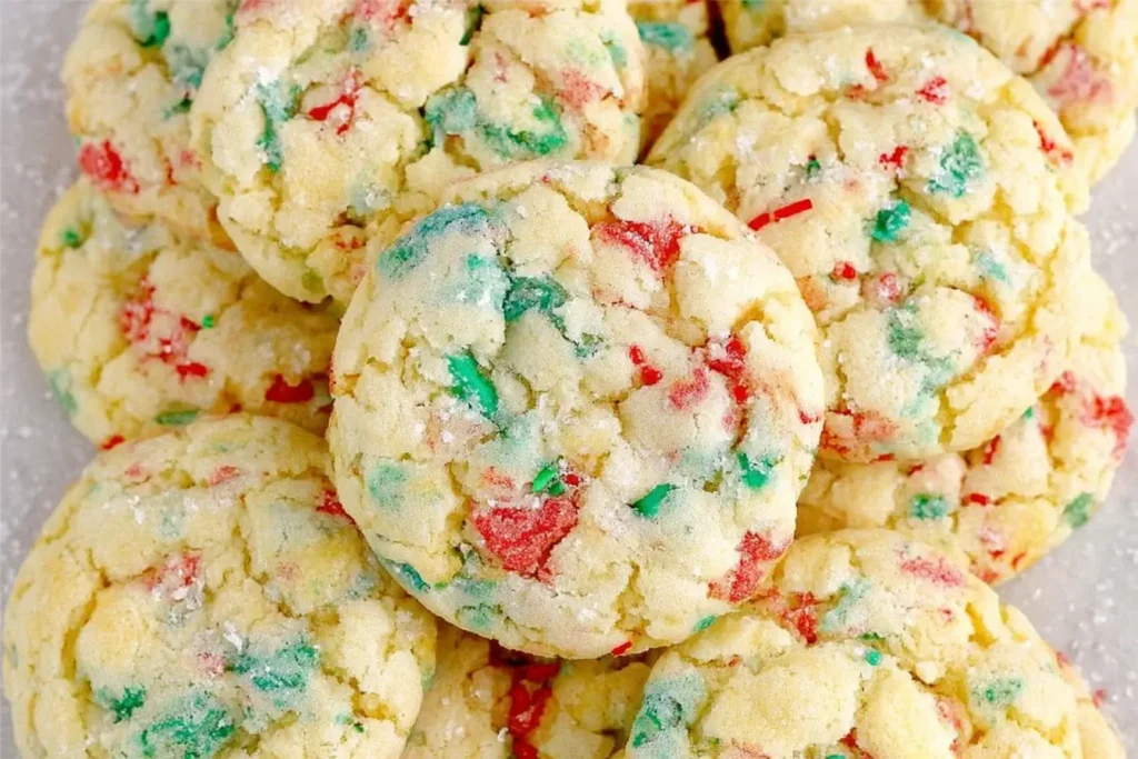 Soft and chewy Christmas Gooey Butter Cookies with festive red and green sprinkles, dusted in powdered sugar for the perfect holiday treat.