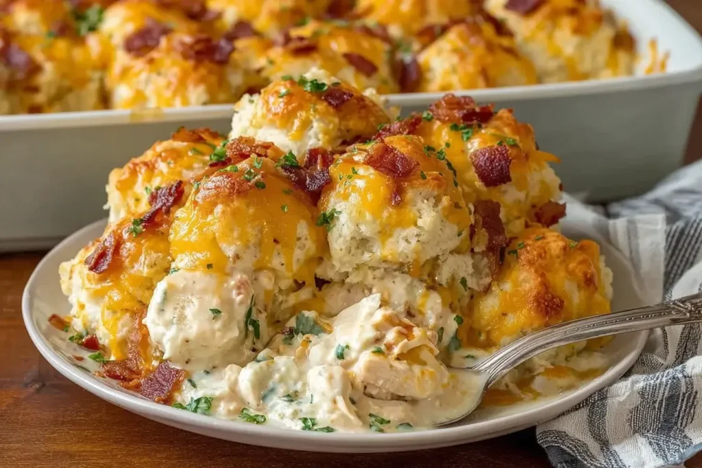 Plate of creamy, cheesy Chicken Bubble Biscuit Bake Casserole topped with golden biscuits, melted cheddar, and crispy bacon pieces.