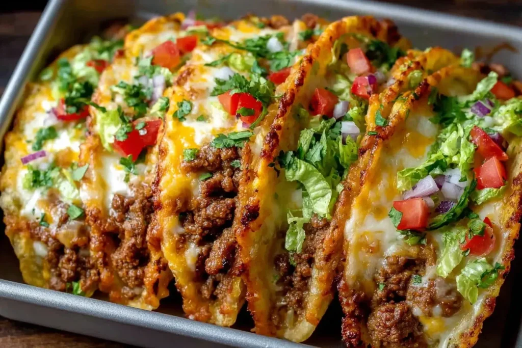 Oven Baked Cheesy Tacos loaded with seasoned beef, melted cheese, lettuce, tomatoes, red onion, and cilantro in a baking pan.